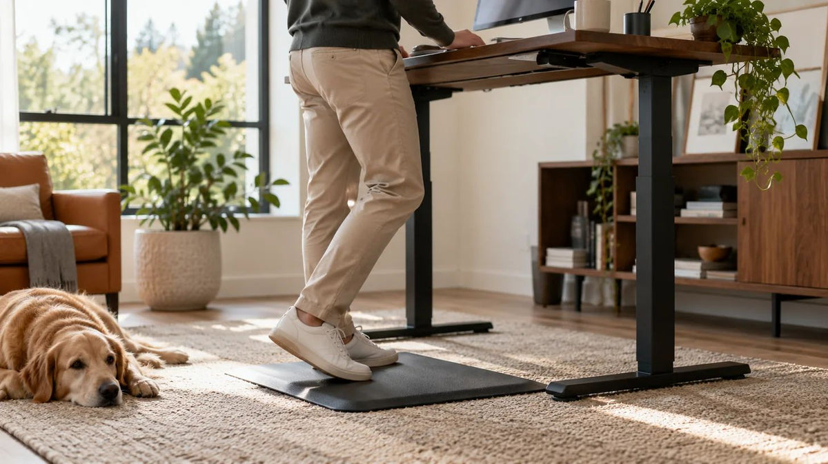 Person standing comfortably at an adjustable desk on a mat