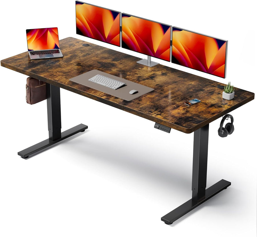 OdinLake S2 standing computer desk configured with three monitors, laptop, keyboard, and mouse