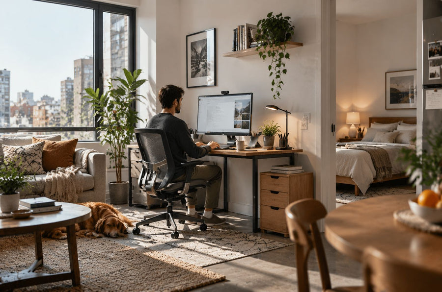 Man working at a computer desk in a one-bedroom apartment