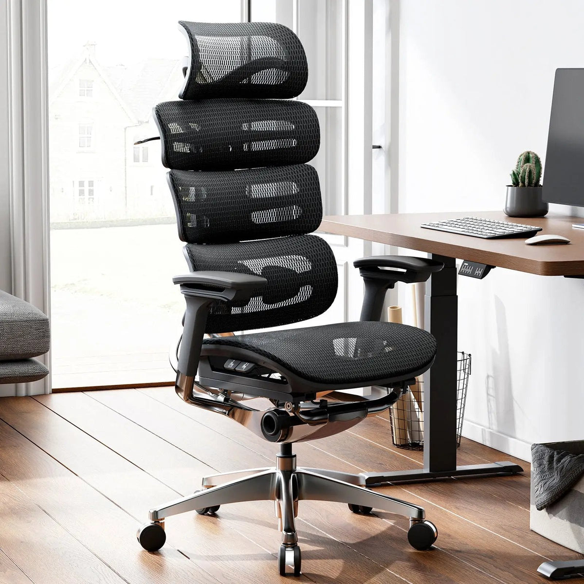 OdinLake O2 office chair beside a standing desk with the center gas cylinder visible
