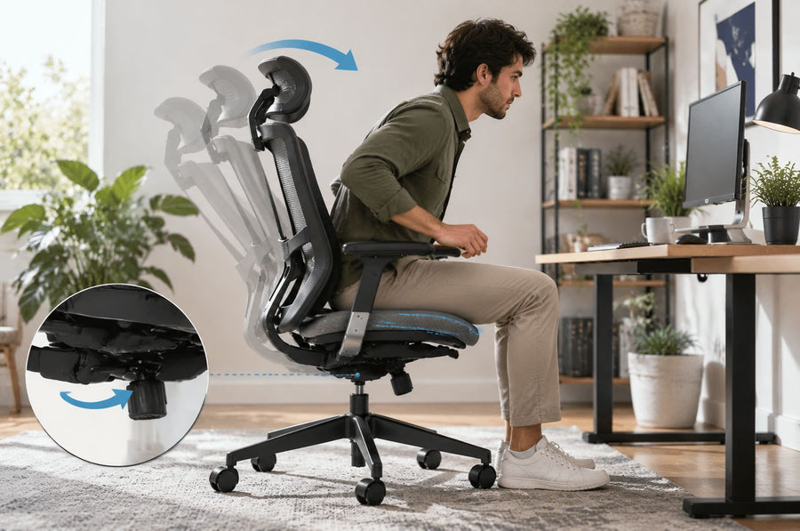Ergonomic office chair showing forward tilt adjustment