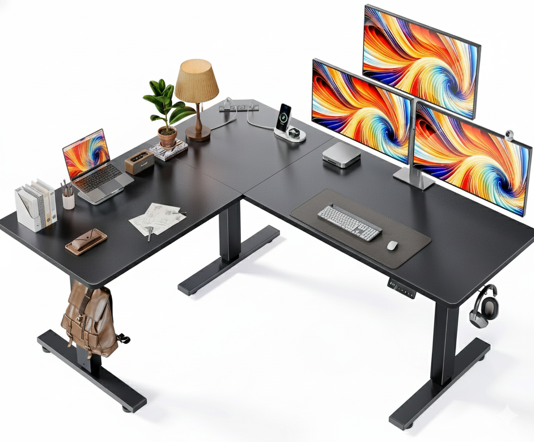 OdinLake S3 L-shaped standing desk configured with three monitors in a home office setup