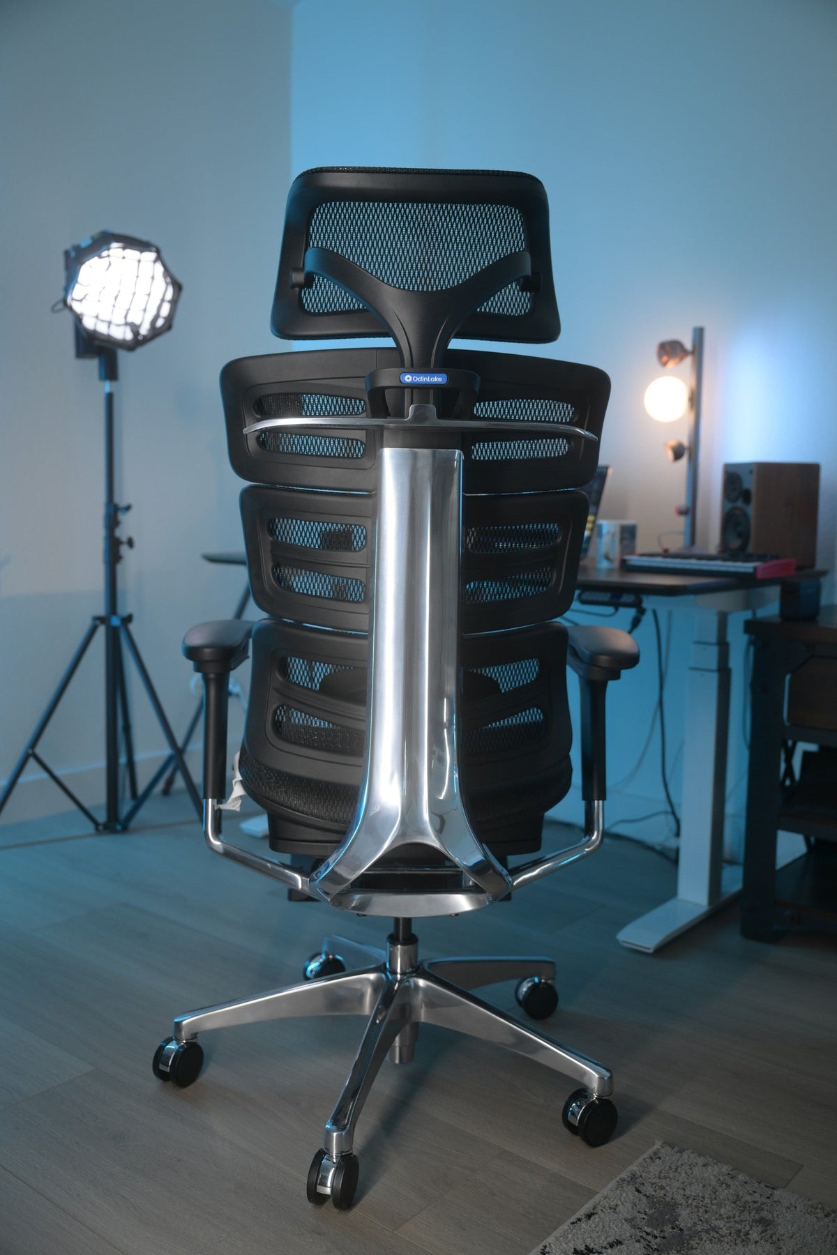 Rear view of an OdinLake O2 office chair showing the headrest and segmented backrest
