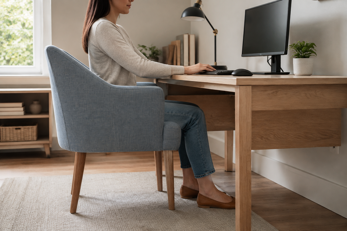 Person testing a blue upholstered accent chair at a fixed-height computer desk