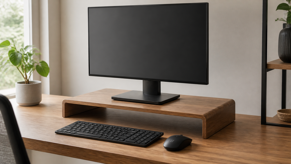 Desktop monitor resting on a wide wooden riser with its full base supported