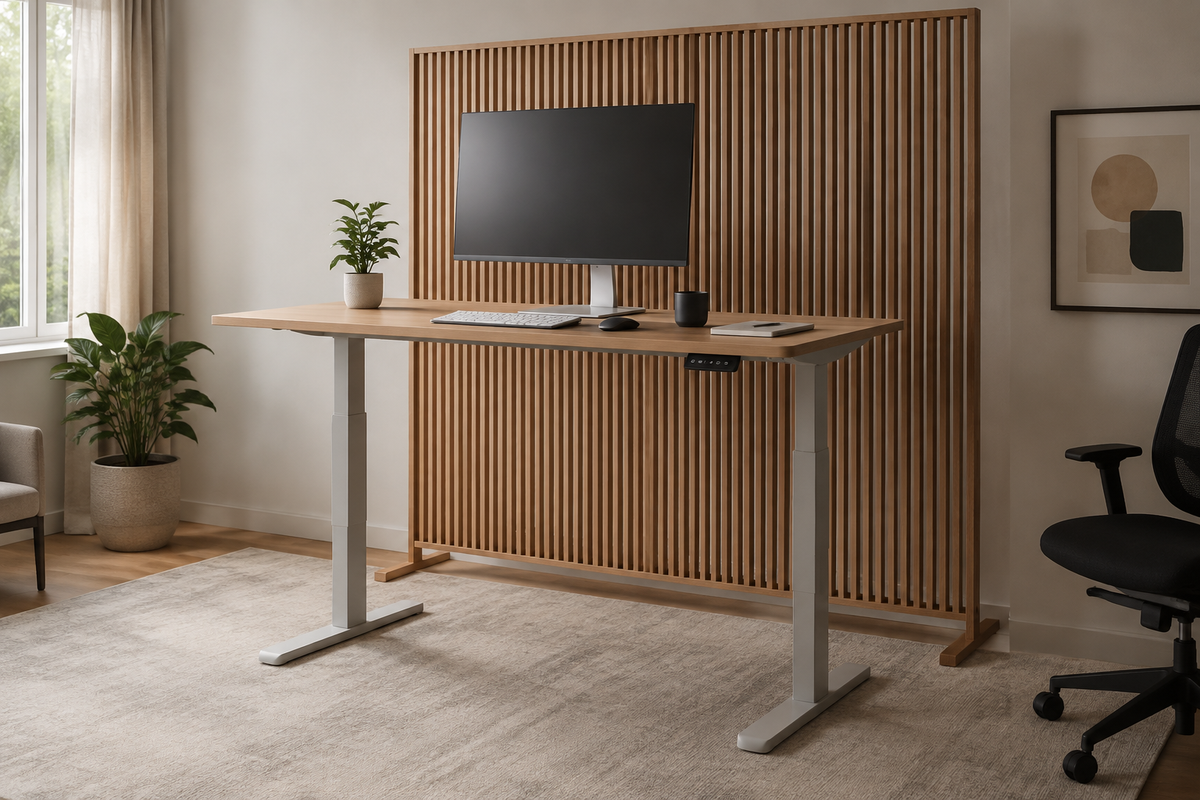 Standing desk in front of a freestanding wood slat screen with clear space around the legs and feet