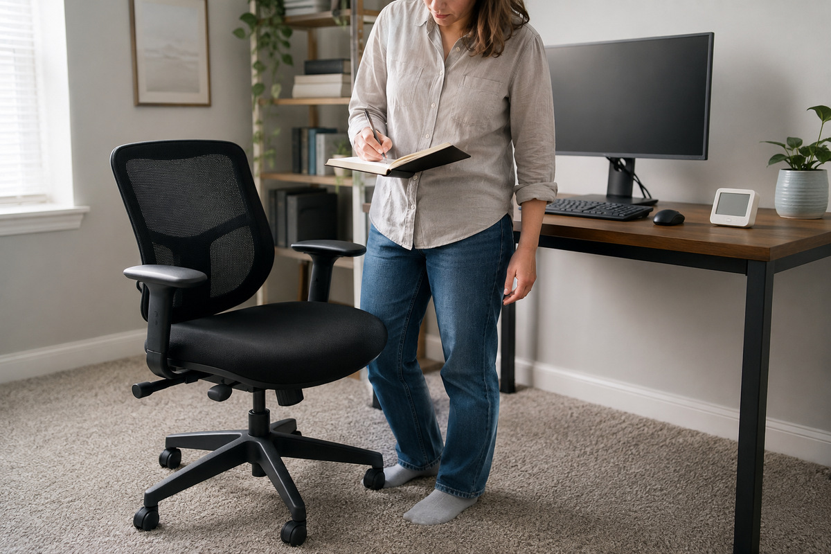Person recording conditions beside a mesh office chair on carpet in a home office