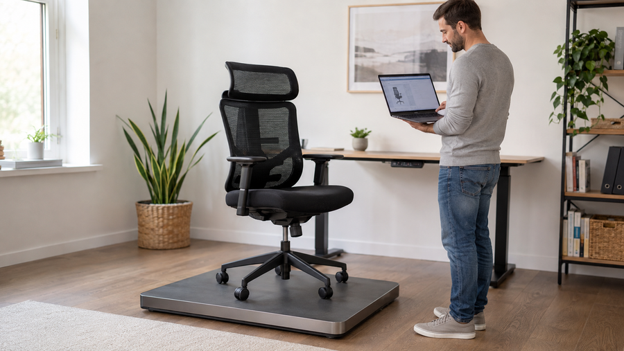 Empty mesh office chair fully supported on a broad platform scale while a person checks model specifications