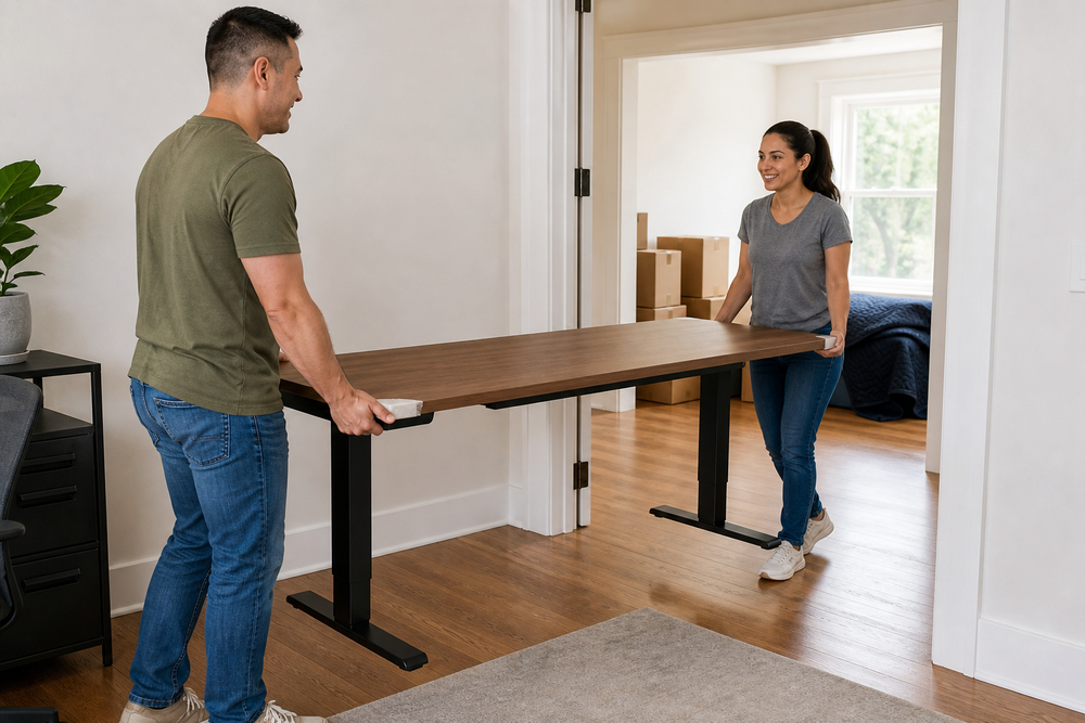 Two adults carefully carrying an emptied electric standing desk together through a clear doorway