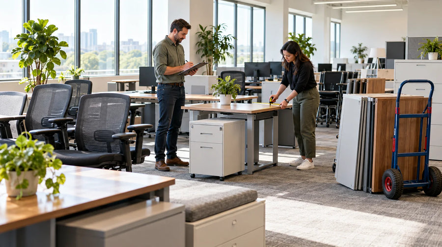Team inventorying office furniture for responsible removal