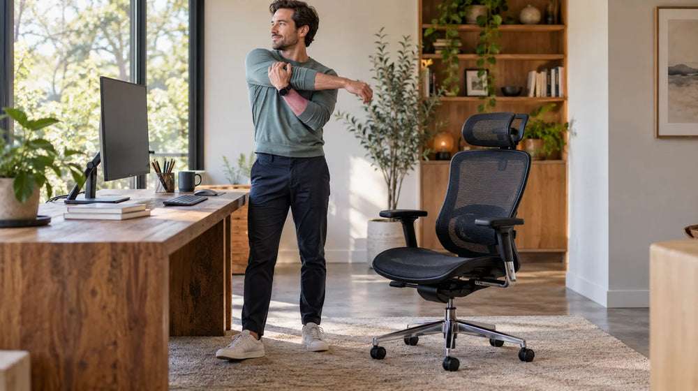 Office worker stretching beside an ergonomic mesh chair