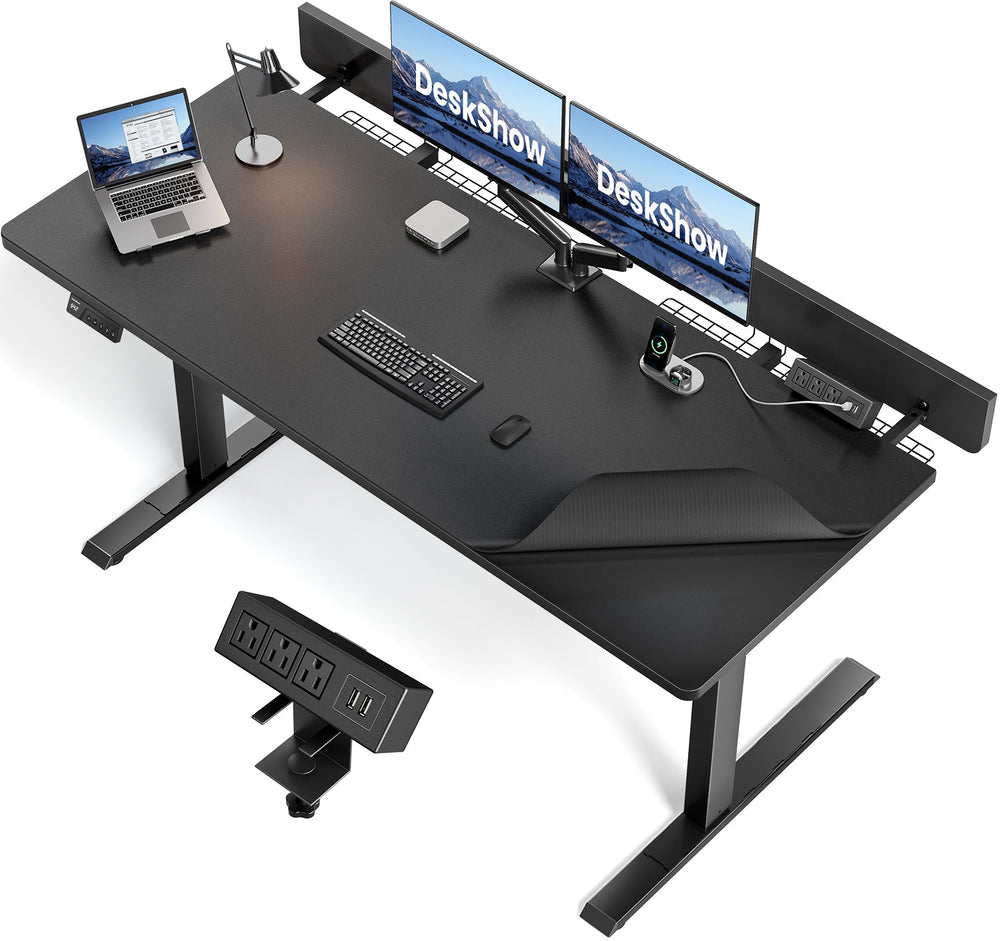 OdinLake S1 electric standing desk with a black top, two monitors, and a laptop