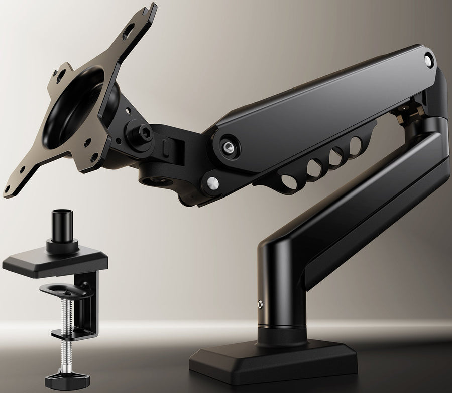Black adjustable single monitor arm with clamp and VESA mounting plate