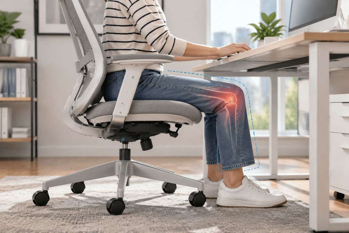 Office chair and desk setup affecting knee comfort