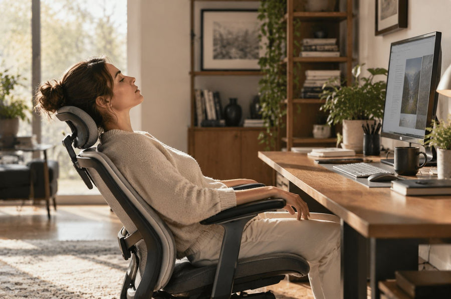 Woman reclining in an ergonomic office chair with headrest