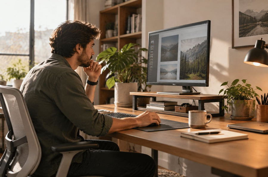 Man working at a desk with a monitor riser