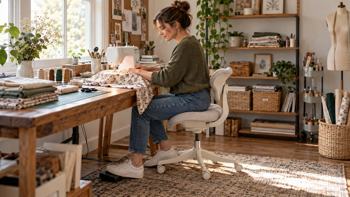 Woman sewing in an OdinLake C1 saddle chair