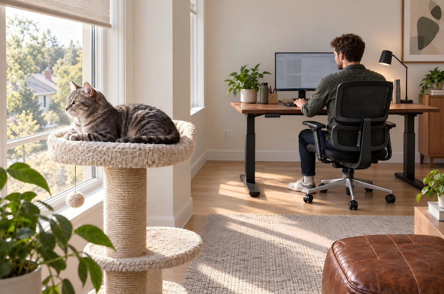 `Cat resting beside a modern home office desk.`
