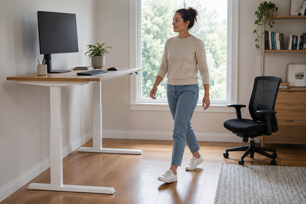 Office worker walking away from a stationary standing desk in a clear home office