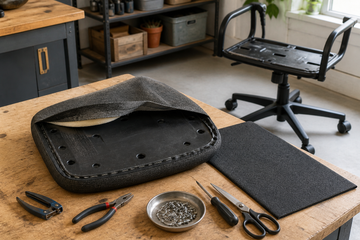 Removable upholstered office chair seat panel on a workbench with replacement fabric and hand tools
