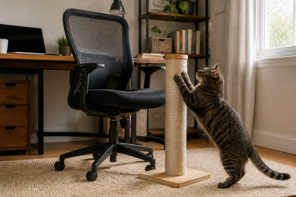 Tabby cat using a tall scratching post beside a black mesh office chair
