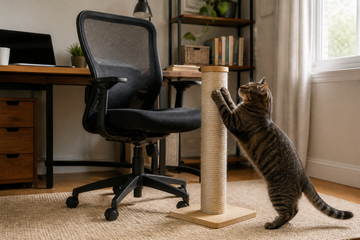 Tabby cat using a tall scratching post beside a black mesh office chair