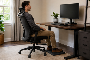 Adult seated fully back in a generic office chair with both feet supported on a footrest