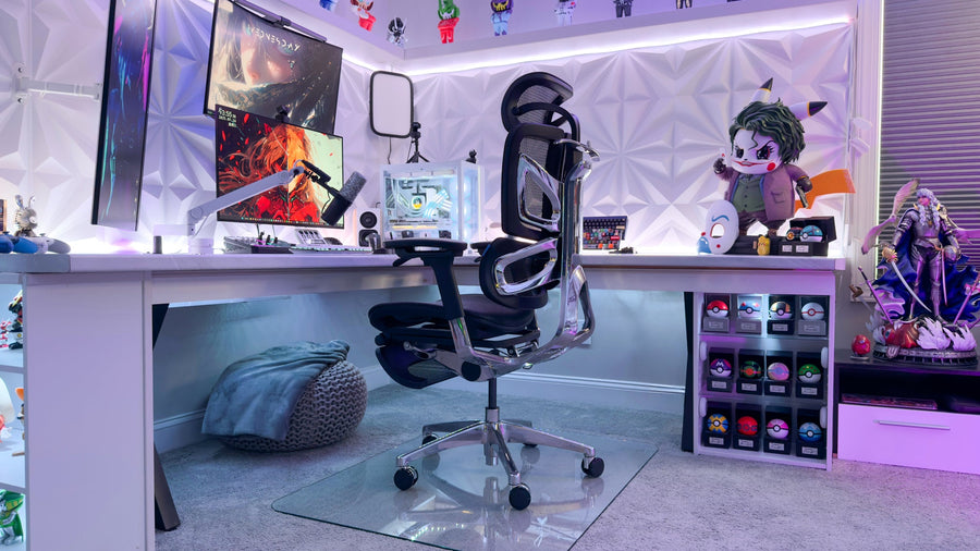 OdinLake office chair on a clear chair mat in a carpeted home workspace