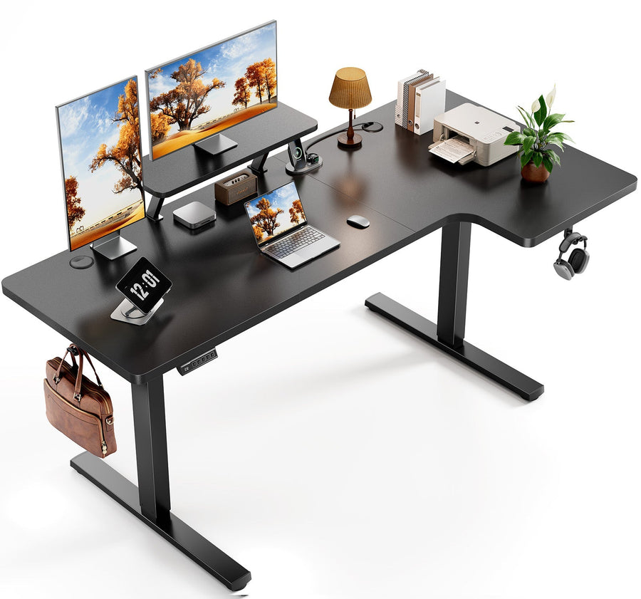 Black OdinLake S5 L-shaped standing desk arranged with monitors and office equipment