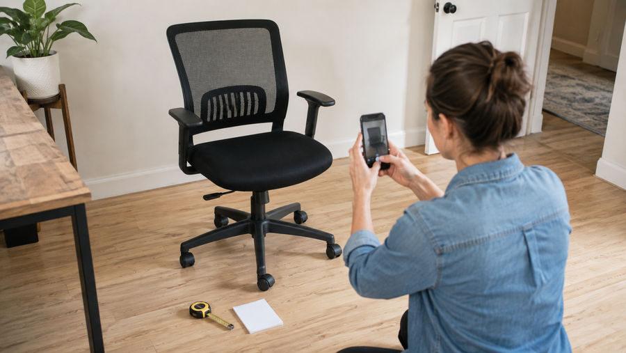 Seller photographing a used office chair with a tape measure and condition card nearby