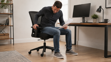Person checking a generic office chair that has rotated away from the desk
