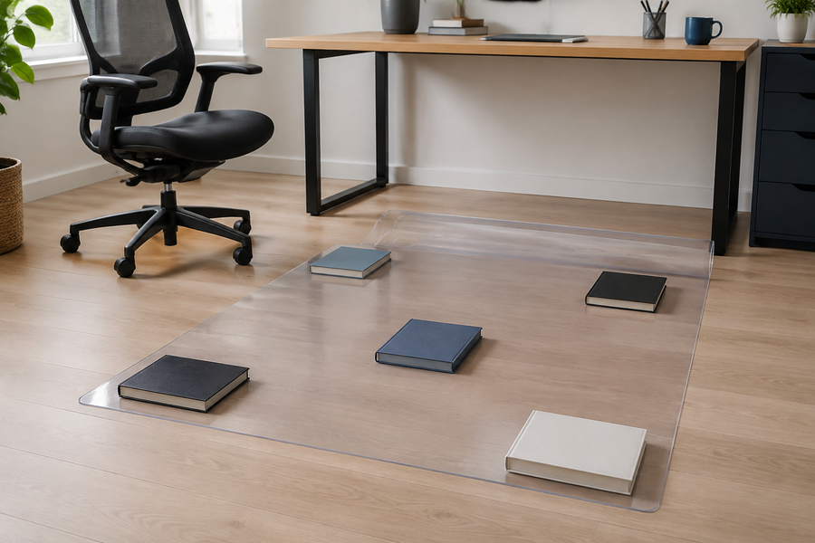 Clear rolled chair mat relaxing under flat books while an office chair remains off the mat
