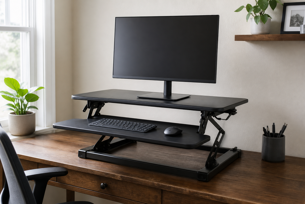 Desktop standing desk converter with monitor, keyboard, and mouse on a regular wooden desk