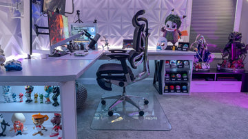 OdinLake O3 chair centered in a bright multi-monitor gaming room