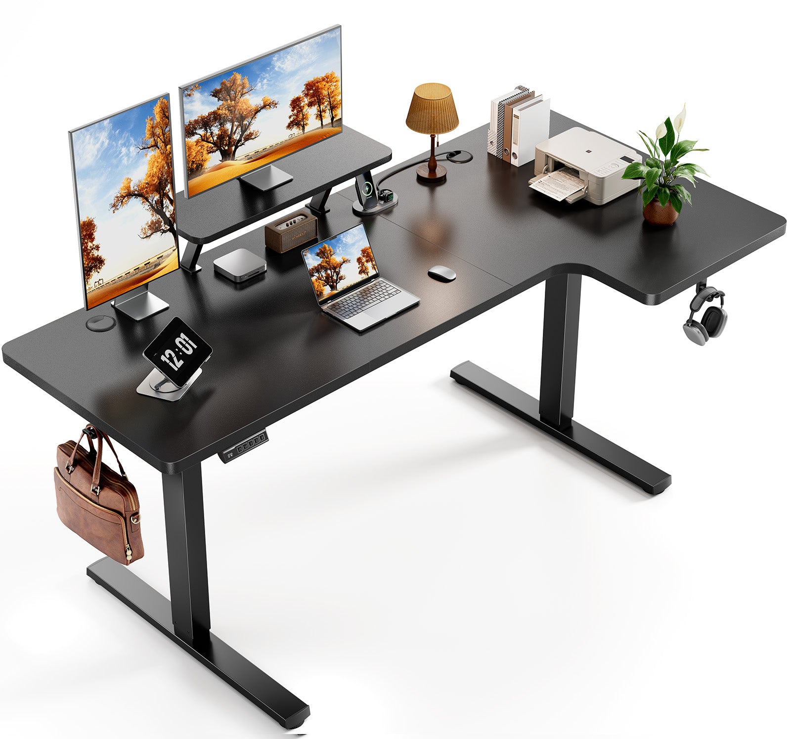 Black OdinLake L-shaped standing desk arranged with monitors, laptop, keyboard, printer, and reference items across two work zones