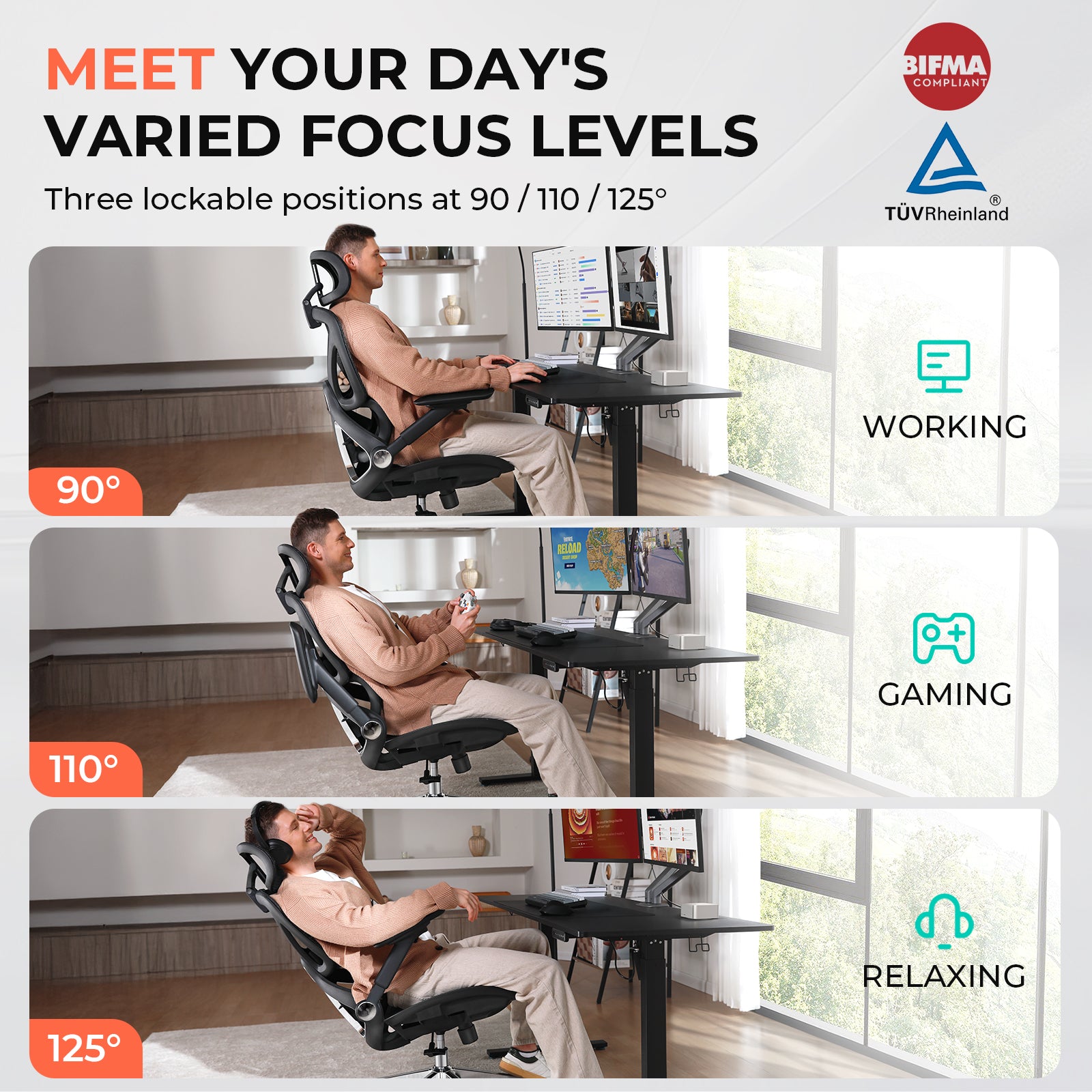 Advertisement showing chair in three positions for working, gaming, relaxing